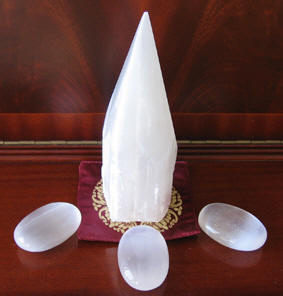 selenite point and soap stones